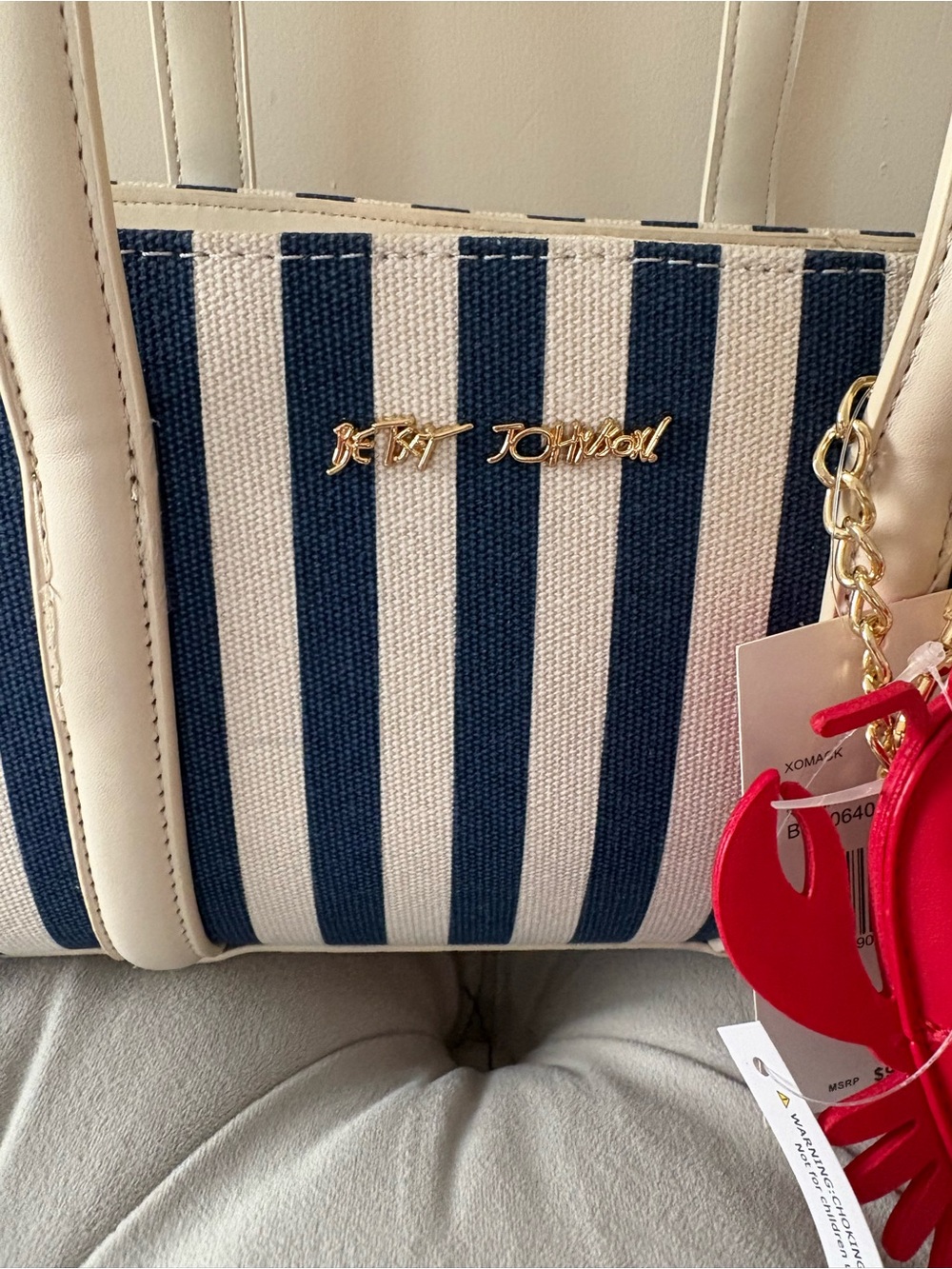 Betsey Johnson Navy & Cream Striped Shoulder Bag with Red Lobster Charm - Picture 3 of 13